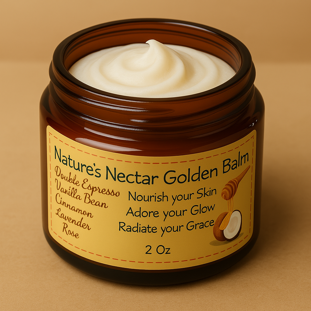 Nature's Nectar Whipped Tallow Balm with airy texture in amber jar